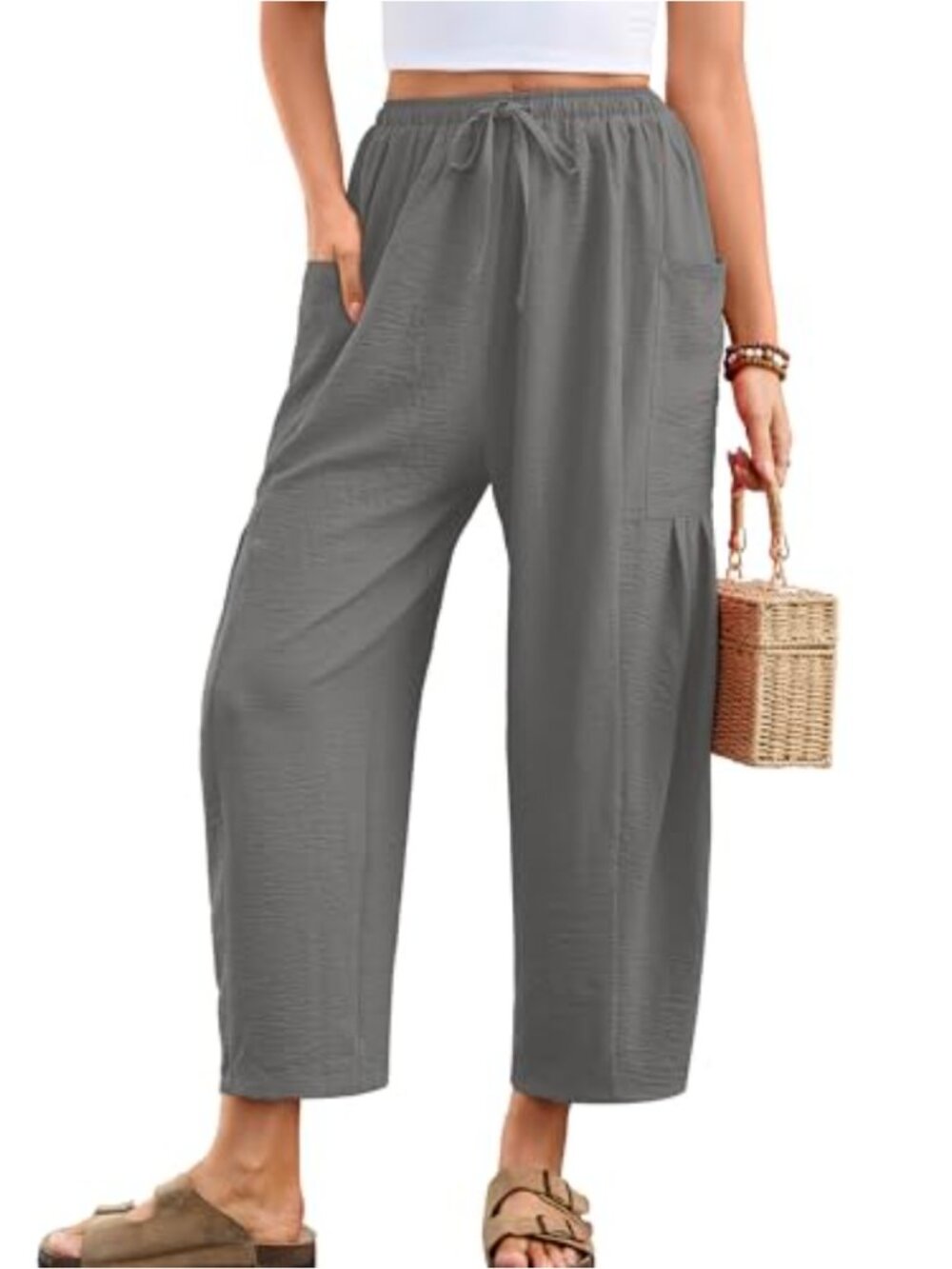 Wide Leg Pants with Pockets Loose Drawstring Beach Palazzo Trousers Stretchy
